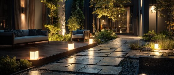 Evening illuminated garden with pathway and seating
