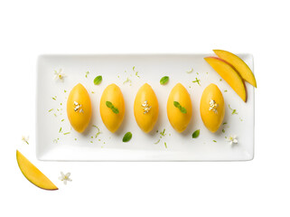Exquisite Mango Desserts Artfully Arranged on a White Plate with Fresh Ingredients