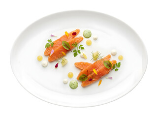 Exquisite Culinary Presentation of Salmon Fillet with Garnishes on a Minimalist Plate