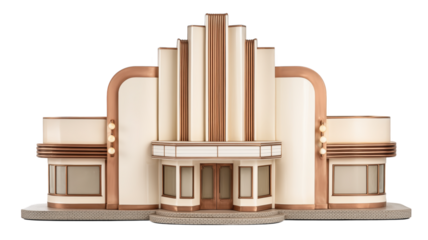 Retro Art Deco cinema building facade isolated for vintage entertainment design themes.

