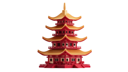 Vibrant red and gold traditional Asian pagoda isolated for cultural travel concepts.

