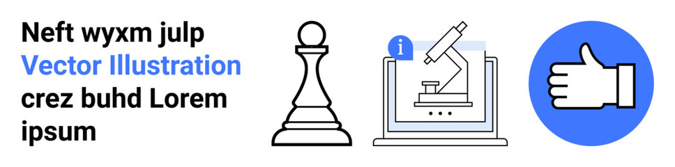 Education, science, strategy, research, approval, technology. Chess pawn, laptop with microscope thumbs up symbol. Strategy and science in conceptual design