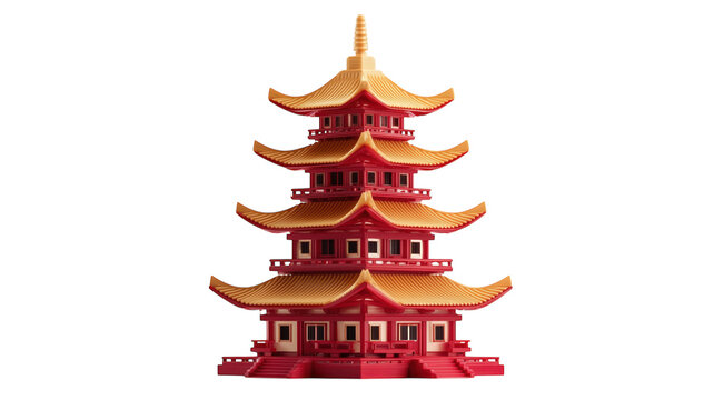 Vibrant red and gold traditional Asian pagoda isolated for cultural travel concepts.

