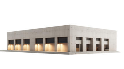 Modern concrete commercial building with illuminated windows isolated for architectural visualization.

