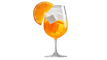 Bright orange spritz cocktail with ice and slice in wine glass isolated for summer promotions.

