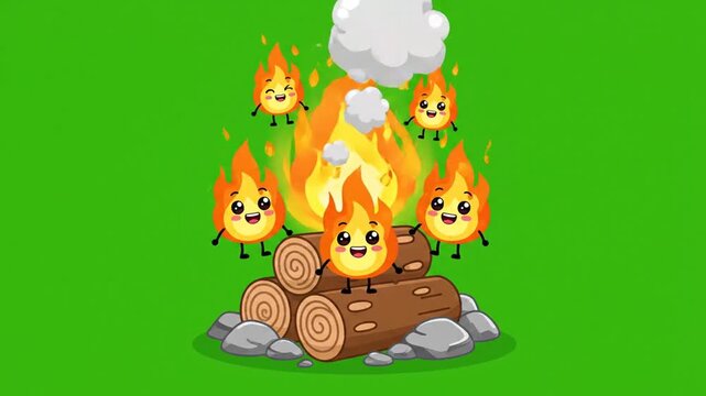 Cartoon campfire with friendly flames on wood logs green background for fun education and design