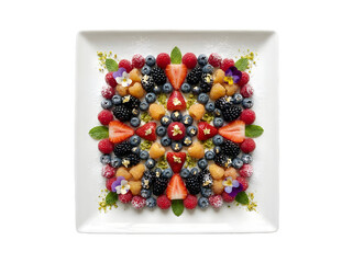 Vibrant Fruit Arrangement: A Colorful Display of Seasonal Berries and Edible Flowers Artfully Crafted on a Plate