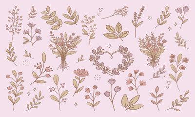 A soft cottagecore inspired Valentine illustration set featuring wildflowers, delicate stems, soft hearts, sparkles, and botanical romantic elements