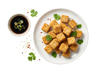 Deliciously Crispy Sesame Tofu with Soy Sauce and Fresh Herbs on a White Plate
