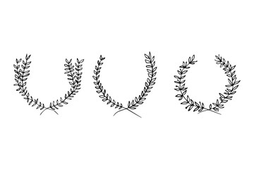 Set of Hand Drawn Laurel Wreaths. Minimalist Botanical Arch and Circular Frame Line Art Vector