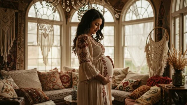 Serene Pregnant Woman in Boho Chic Interior Embraces Future Motherhood