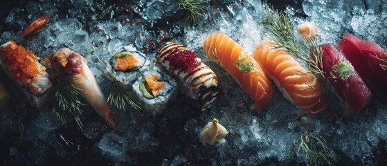 Sushi assortment on ice various nigiri and rolls