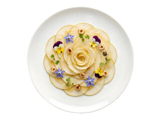 Exquisite Culinary Presentation: An Artful Arrangement of Pear Slices with Edible Flowers and Nuts