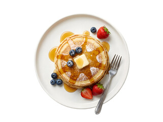 Delicious Stack of Fluffy Pancakes Topped with Fresh Berries and Maple Syrup for Breakfast