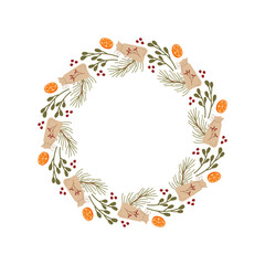 Christmas round wreath with garland and ornament in flat style. Kraft box and pine add festive frame berry touch, perfect for gift or holiday graphic concept in modern decor.