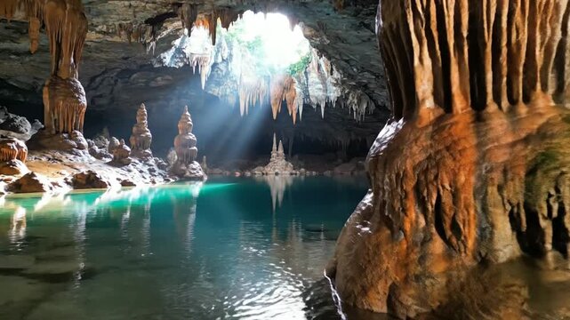 Cave interior with water reflections and stalactites illuminated by bright daylight rays