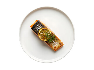Deliciously Seared Salmon Fillet with a Zesty Lemon Garnish on a White Plate