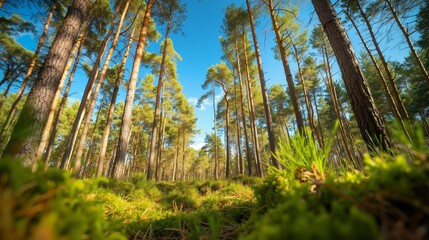 A forest filled with lots of tall pine trees and green grass