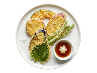 Delicious Assortment of Tempura Vegetables Served with Dipping Sauce on a White Plate