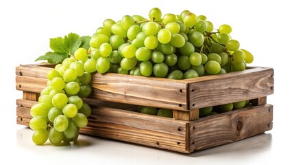 Fresh green grapes with bunch isolated on transparent background in a rustic wooden crate