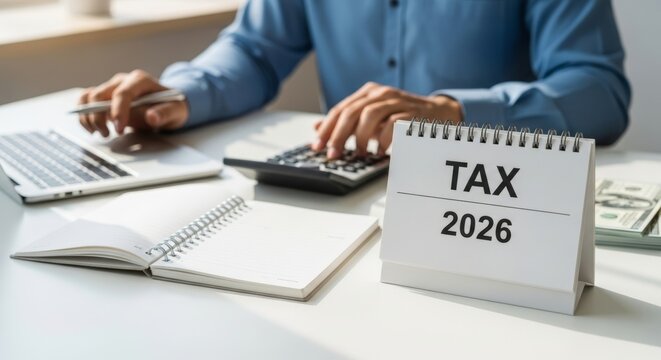Tax calculation 2026: man working on finances with calculator and laptop