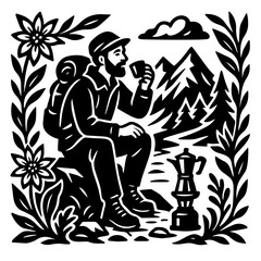 Vintage Woodcut Style Traveler Walking In Nature Illustration