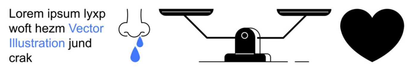 Work-life balance, emotional wellness, healthcare, decision-making, equality, personal growth. A scale, a heart and a droplet are together. Work-life balance and emotional wellness concept