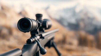 Futuristic sniper rifle on a tripod. long carbon fiber barrel. advanced digital scope. rocky mountain background. 