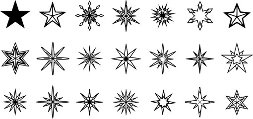 Black and white star icons, vector graphics of stylized stars and starbursts, suitable for design elements, decorations, and abstract art