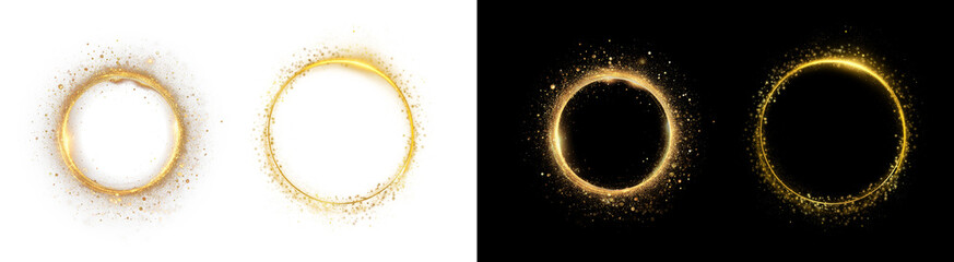 PNG image of&nbsp;Four vibrant golden glowing circular frames with sparkling dust effects on a deep for luxury design elements on transparent background