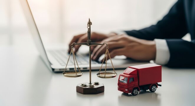 Legal logistics: justice scale, red truck, and business professional working on laptop - Powered by Adobe