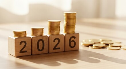 Financial growth in 2026: rising coin stacks on wooden blocks