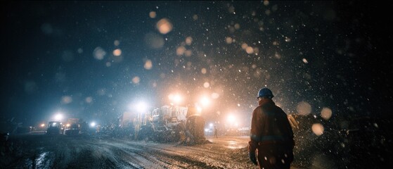 Mining worker in the night snowstorm