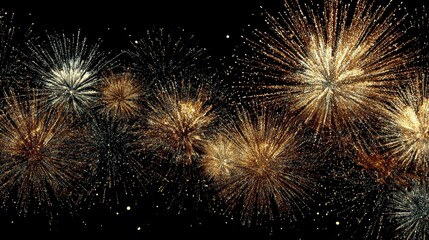 A vibrant, dark scene showcasing a multitude of exploding pyrotechnics bursting across the night sky, golden and white hues dominate