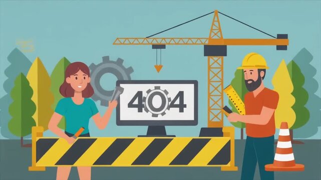 404 Error Page with Construction Workers and Gear Icons