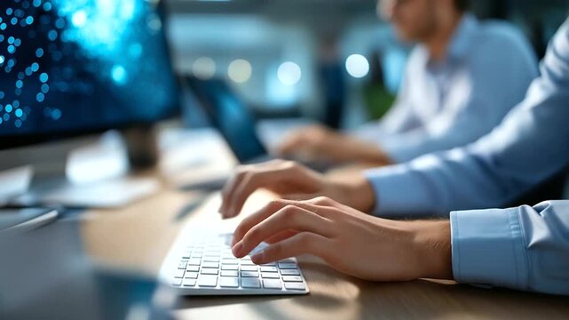 Colleagues at workstation utilizing devices for remote startup presentation blurred office surroundings digital greeting scene workplace technology interaction startup culture