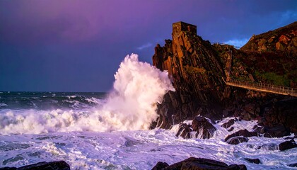 water splashing high against the land