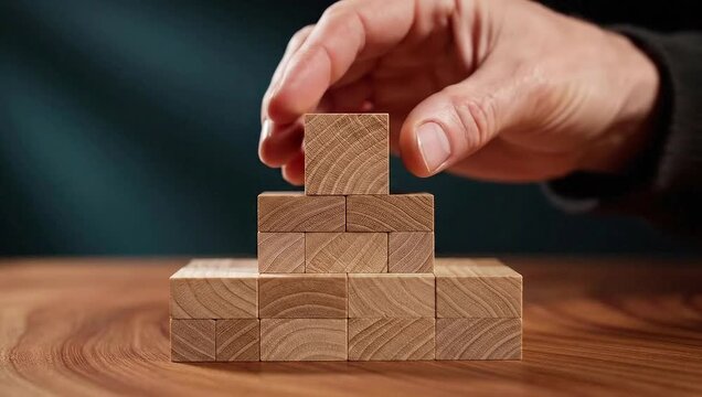 Building a Strong Foundation - Hand Placing Wooden Block on Stacked Structure.