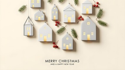 Charming house-shaped ornaments with festive lights and winter greenery, celebrating the joyful spirit of Christmas and a hopeful New Year holiday season