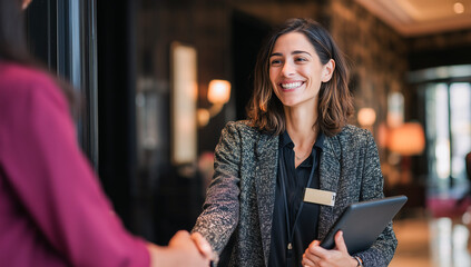A smiling professional hotel receptionist in a grey blazer shakes hands with a guest in a lobby, holding a digital tablet. Shallow depth of field with warm indoor lighting.