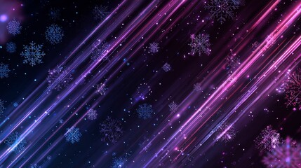 A vibrant digital illustration features glowing, stylized snowflakes and diagonal light streaks in shades of purple and blue against a dark backdrop