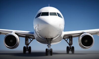 Naklejka premium Front view of a sleek white passenger airplane parked on tarmac against a clear blue sky.