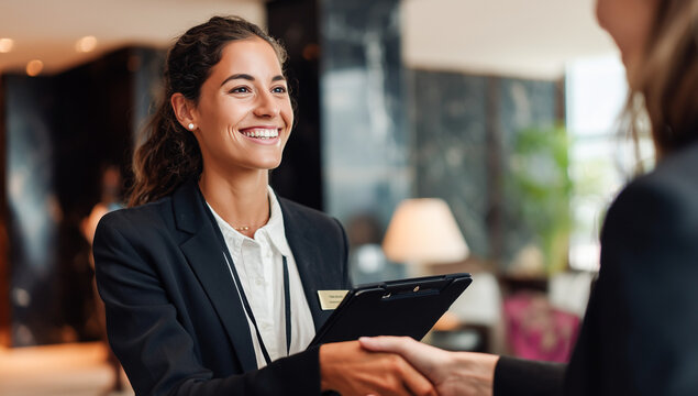 Smiling female hotel receptionist in black blazer shaking hands with a guest, holding a digital tablet, professional hospitality service in a luxury lobby, warm indoor lighting.