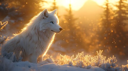 Majestic white wolf in snowy forest at sunset with golden light