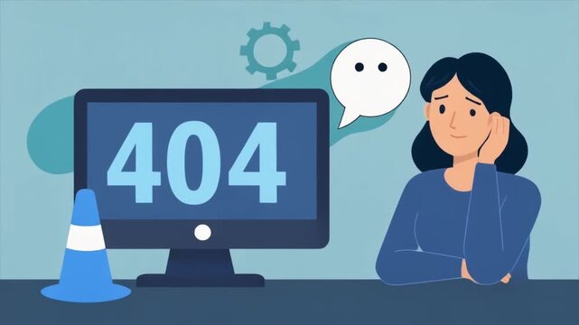 Woman facing 404 error on computer screen with thoughtful expression