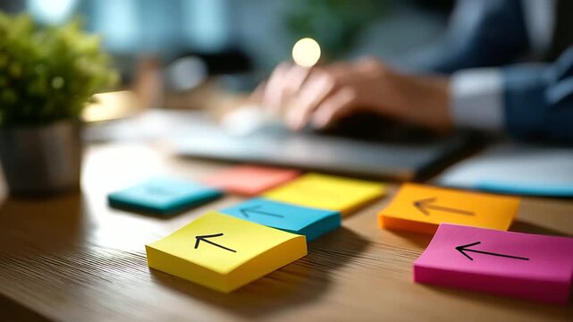 Colorful adhesive notes on surface showing direction options soft background online onsite choice display pandemic education work decisions digital transformation visualization