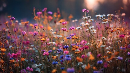 A vibrant field of wildflowers, bathed in warm sunlight, showcasing a diverse array of colors and textures. Soft focus