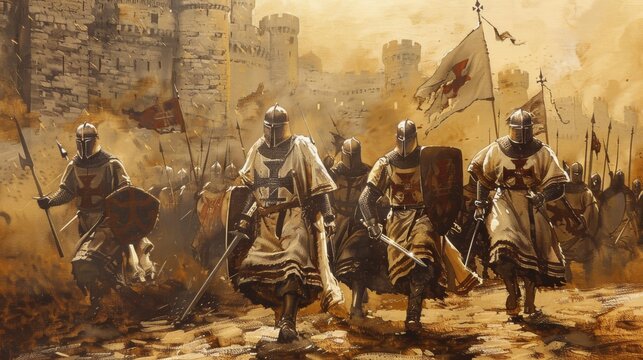 Templar Knights 1300 in Marching Column, Storm Clouds, Sacred Military Order