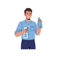 Man Cleaning with Spray Bottle and Cloth.