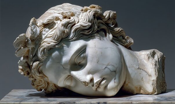 Fragmented head of a marble deity symbolizing grace, endurance, and sorrow